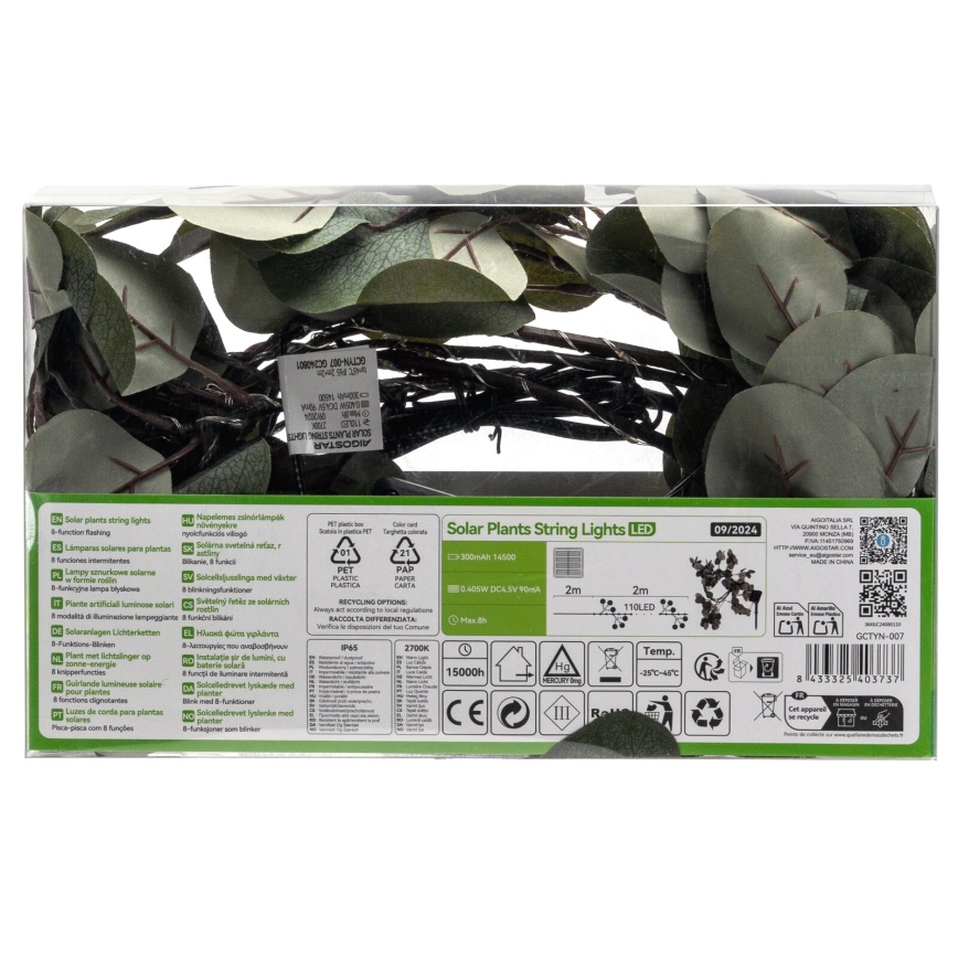Aigostar - LED Solarna veriga 110xLED/4m IP65 topla bela evkaliptos
