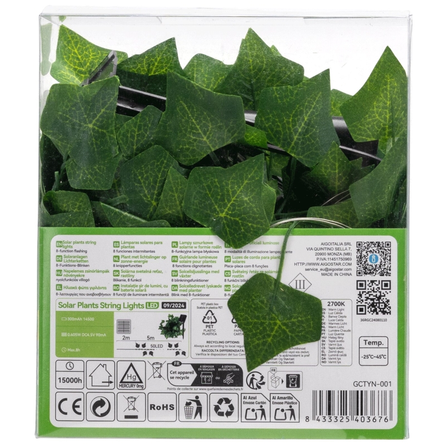 Aigostar - LED Solarna veriga 50xLED/7m IP65 topla bela ivy