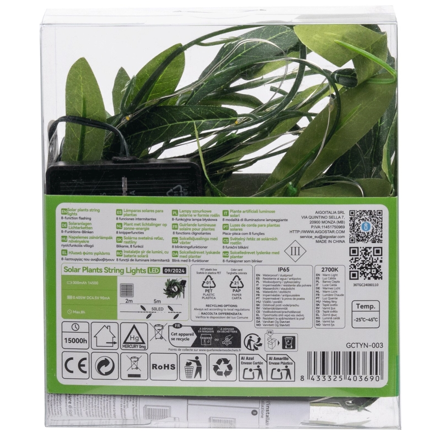 Aigostar - LED Solarna veriga 50xLED/7m IP65 topla bela oliva