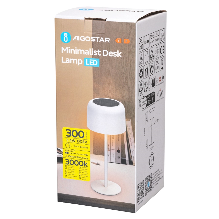 Aigostar - LED Solarna zatemnitvena polnilna namizna svetilka LED/3W/5V 2200mAh bela IP54