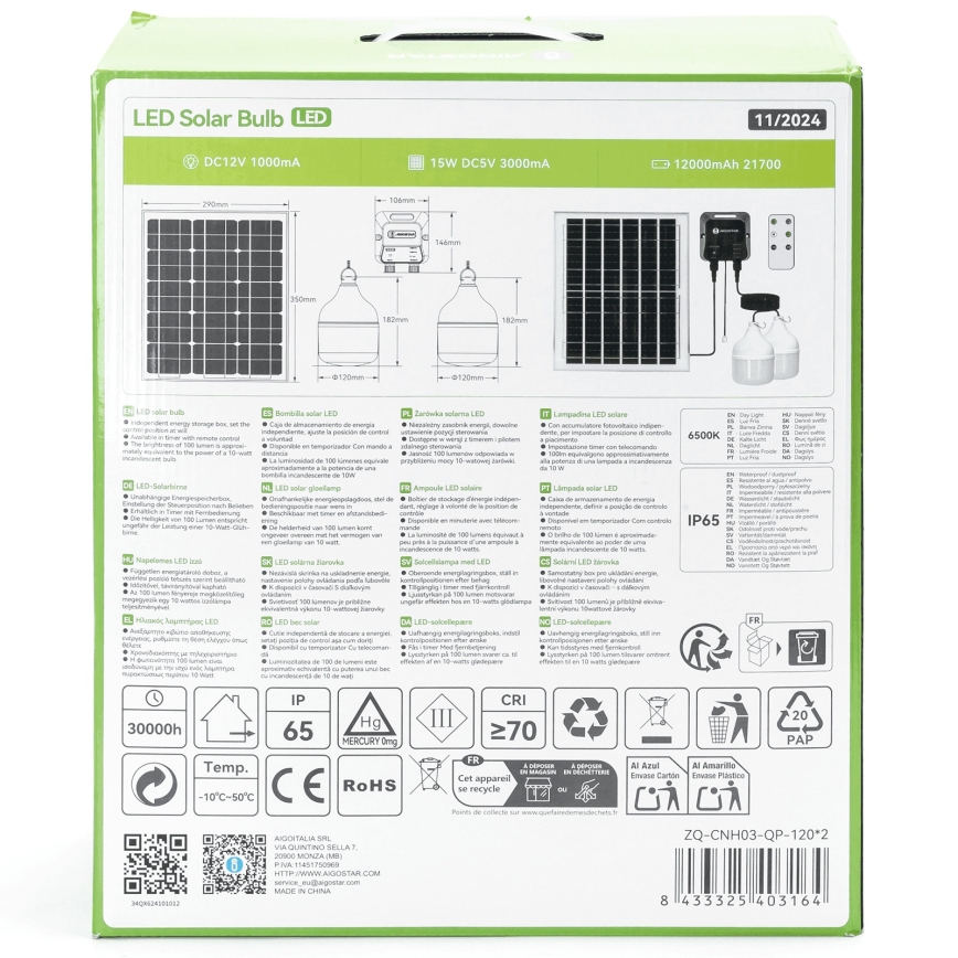 Aigostar - LED Solarni lestenec 2xLED/70W/12V 12000 mAh 6500K pr. 12 cm + Daljinski upravljalnik