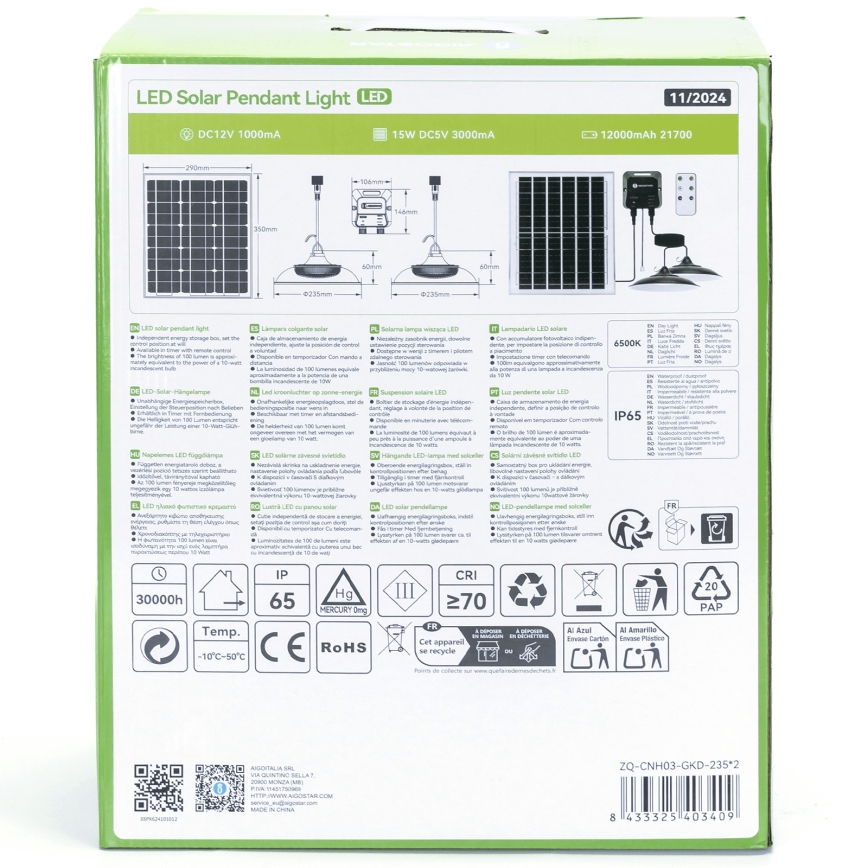 Aigostar - LED Solarni lestenec 2xLED/70W/12V 12000 mAh 6500K pr. 23,5 cm + Daljinski upravljalnik