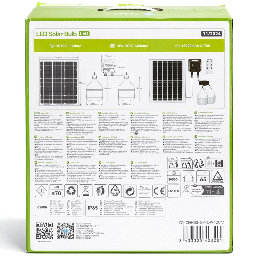 Aigostar - LED Solarni lestenec s senzorjem 2xLED/70W/12V 12000 mAh 6500K pr. 12 cm + Daljinski upravljalnik