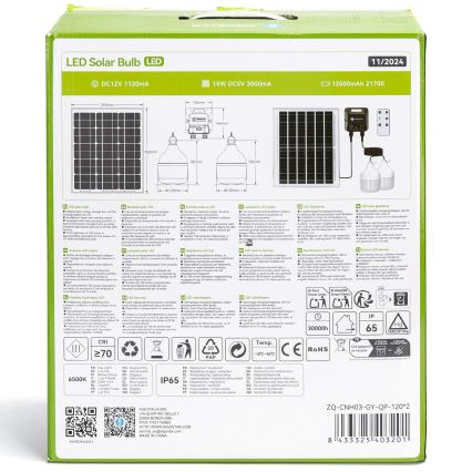 Aigostar - LED solarni lestenec s senzorjem 2xLED/70W/12V 12000 mAh 6500K IP65 premer 12 cm + daljinski upravljalnik