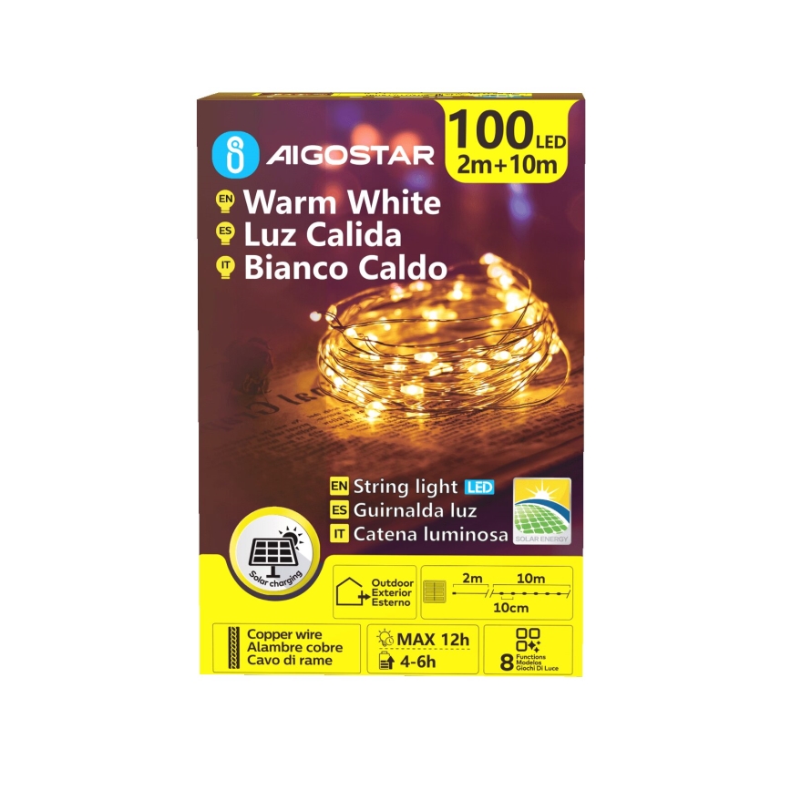 Aigostar - LED solarni  niz 100xLED/8 funkcij 12m 800 mAh IP65 topla bela