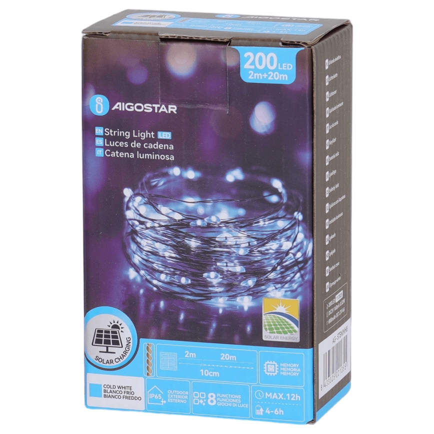 Aigostar - LED sončna veriga 200xLED/8 funkcij 22 m IP65 hladna bela 800 mAh