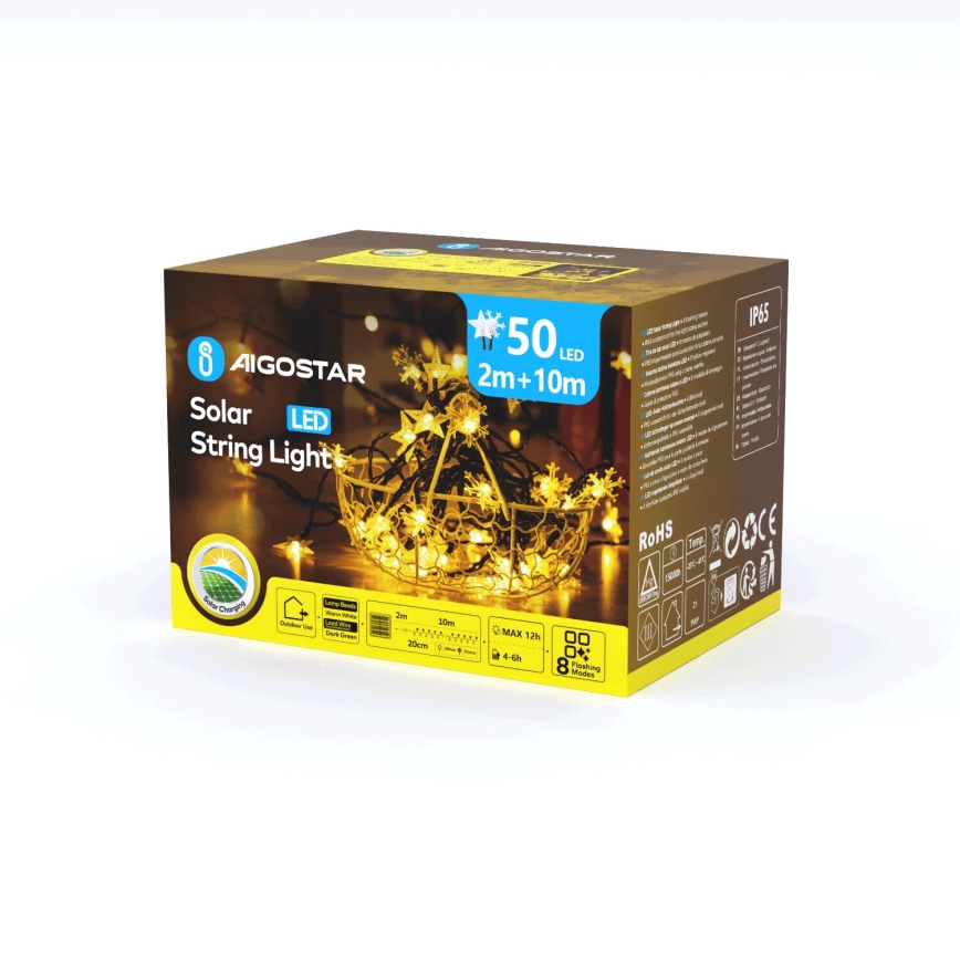 Aigostar - sončni LED niz 50xLED/8 funkcij 12m 800mAh IP65 topla bela