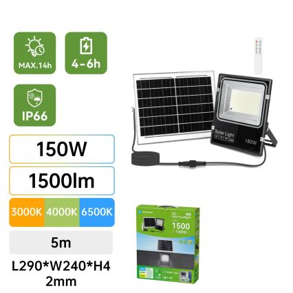 Aigostar - LED sončni reflektor LED/150W/3,2V 3000mAh 3000K/4000K/6500K IP66 + daljinski upravljalnik