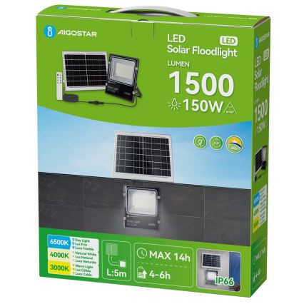 Aigostar - LED sončni reflektor LED/150W/3,2V 3000mAh 3000K/4000K/6500K IP66 + daljinski upravljalnik