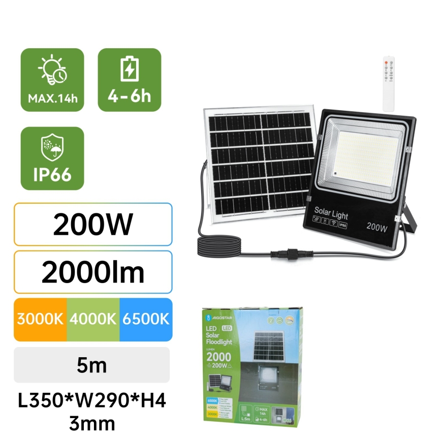 Aigostar - LED solarni reflektor LED/200W/3,2V 3600mAh 3000K/4000K/6500K IP66 + daljinski upravljalnik