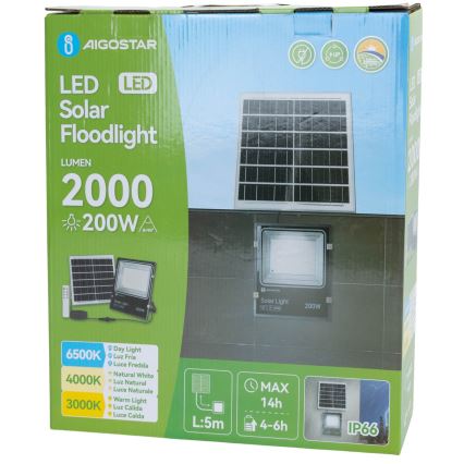 Aigostar - LED solarni reflektor LED/200W/3,2V 3600mAh 3000K/4000K/6500K IP66 + daljinski upravljalnik