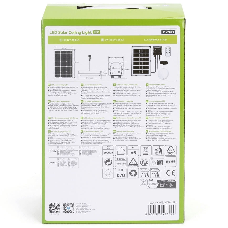 Aigostar - LED solarna svetilka LED/35W/12V 3000 mAh 6500K IP65 premer 16,8 cm + daljinski upravljalnik