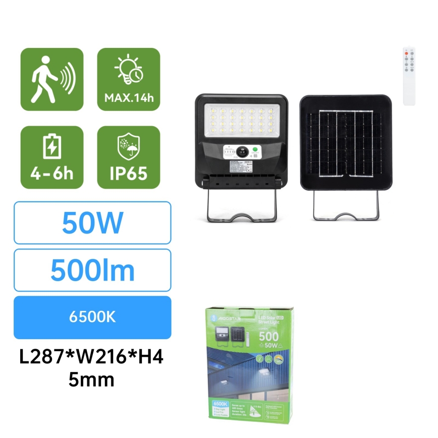 Aigostar - LED sončna ulična svetilka s senzorjem LED/50W/3,2V 1000mAh 6500K + daljinski upravljalnik