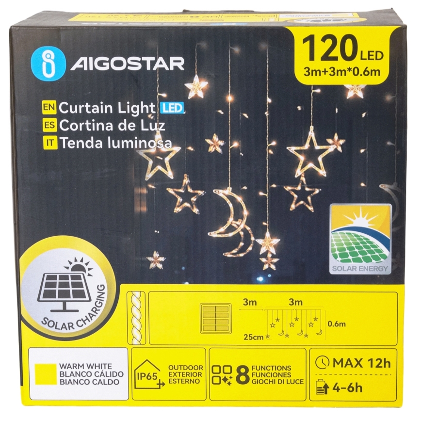 Aigostar - LED sončni niz 120×LED/8 funkcij 3×0,6 m 500 mAh IP65 topla bela