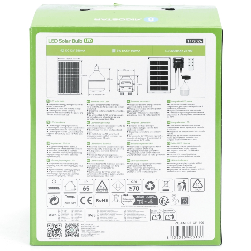 Aigostar - LED sončni lestenec LED/35W/12V 3000 mAh 6500K IP65 premer 10 cm + daljinski upravljalnik
