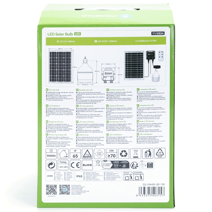 Aigostar - LED sončni lestenec LED/70W/12V 6000 mAh 6500K IP65 premer 12 cm + daljinski upravljalnik