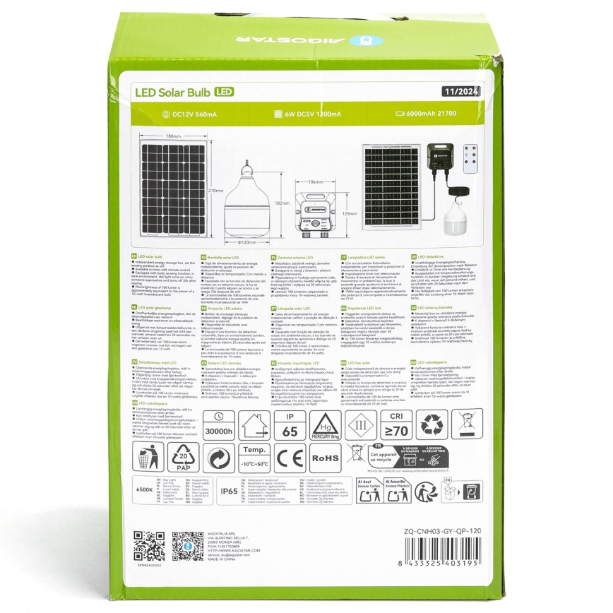 Aigostar - LED sončna svetilka s senzorjem LED/70W/12V 6000 mAh 6500K IP65 premer 12 cm + z daljinskim upravljalnikom