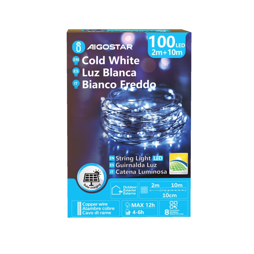 Aigostar - LED sončni  niz 100xLED/8 funkcij 12m IP65 800 mAh hladno bela