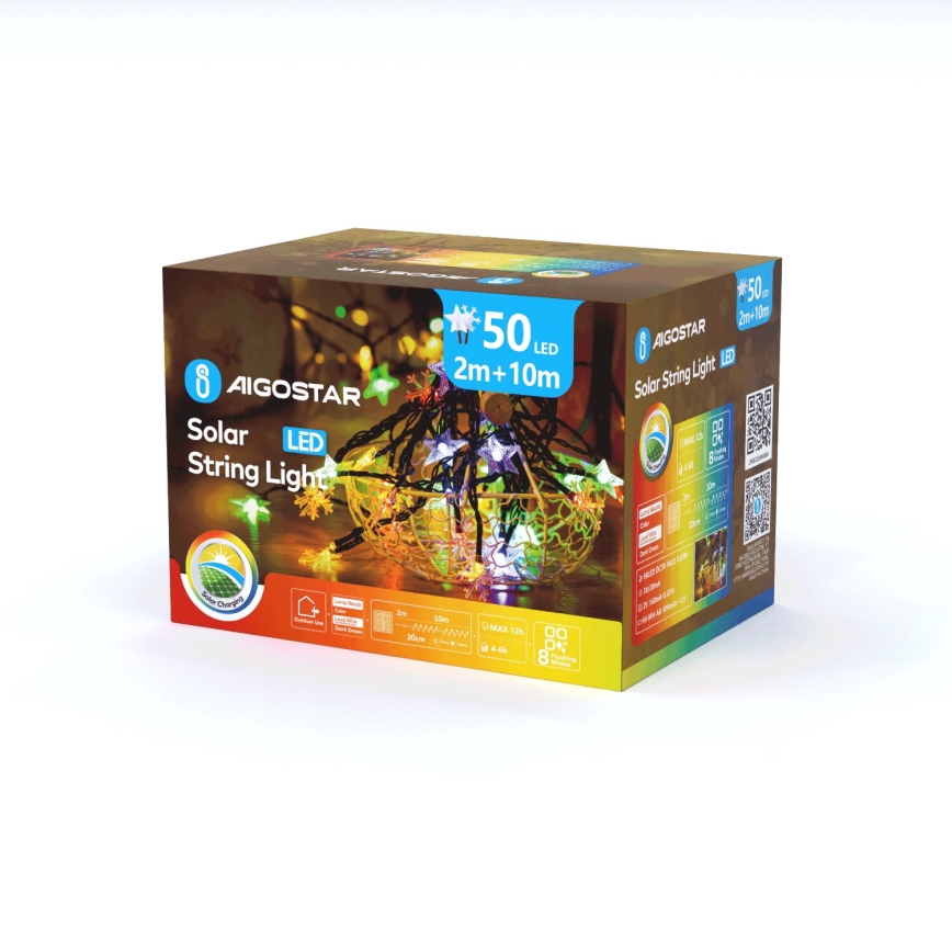 Aigostar - LED solarni niz 50xLED/8 funkcij 800 mAh 12 m IP65 večbarven