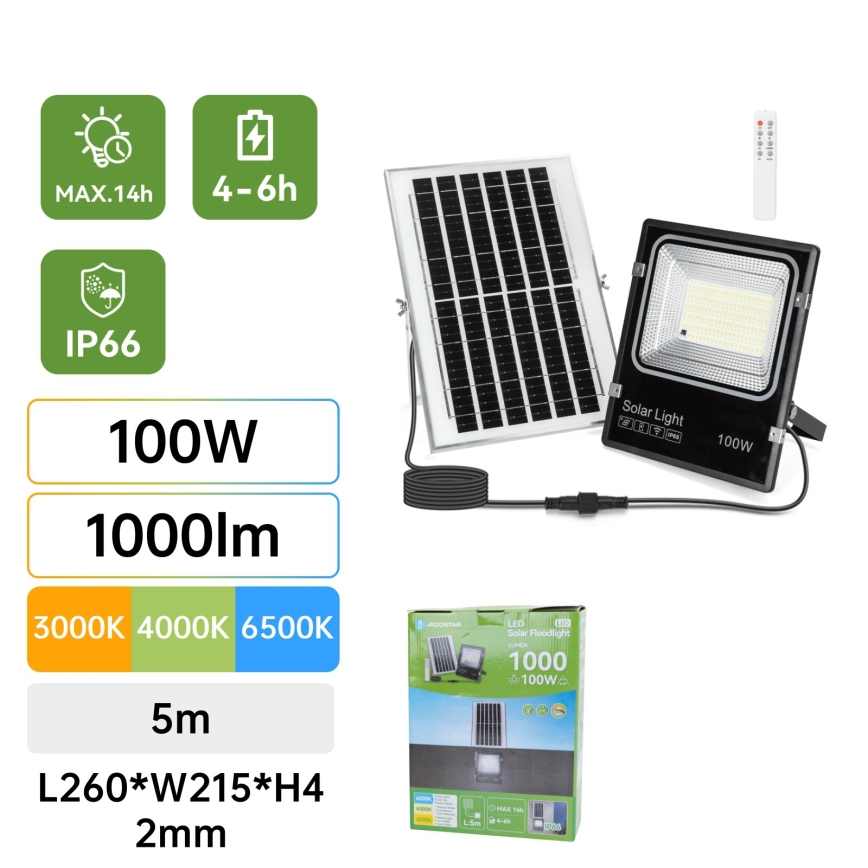 Aigostar - LED solarni reflektor LED/100W/3,2V 2000mAh 3000K/4000K/6500K IP66 + daljinski upravljalnik