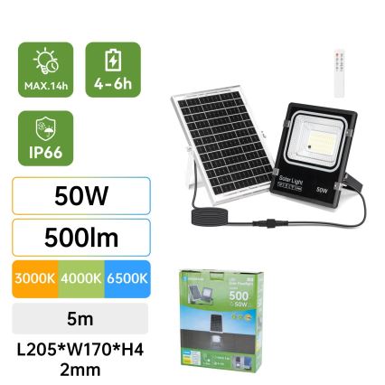 Aigostar - LED sončni reflektor LED/50W/3,2V 1200mAh 3000K/4000K/6500K IP66 + daljinski upravljalnik