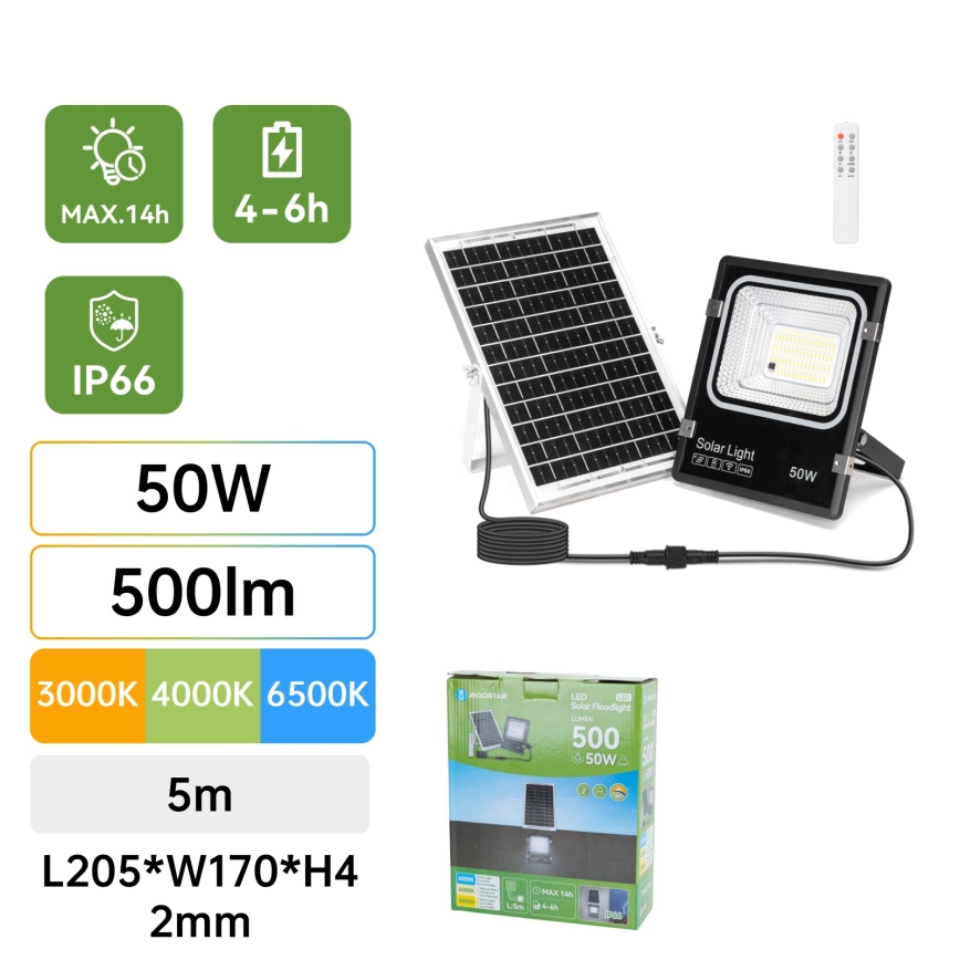 Aigostar - LED sončni reflektor LED/50W/3,2V 1200mAh 3000K/4000K/6500K IP66 + daljinski upravljalnik