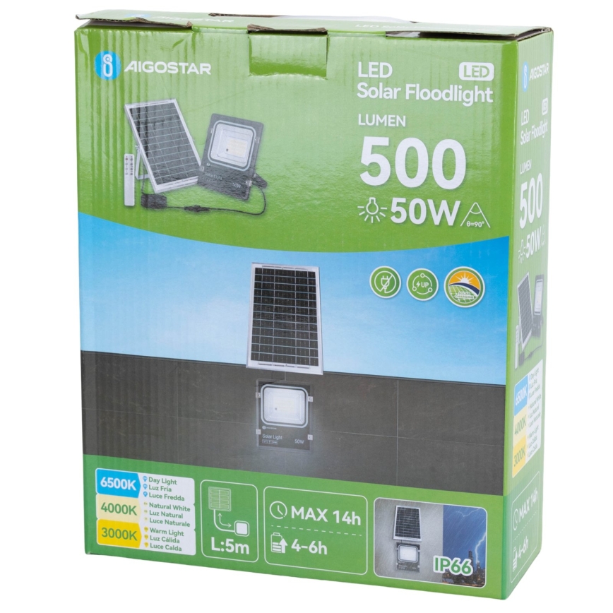 Aigostar - LED sončni reflektor LED/50W/3,2V 1200mAh 3000K/4000K/6500K IP66 + daljinski upravljalnik