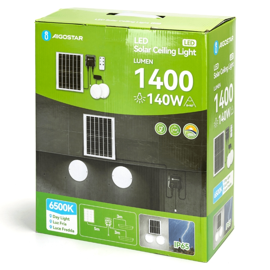 Aigostar - LED solarno svetilo 2xLED/70W/12V 12000 mAh 6500K IP65 premer 20,5 cm + daljinski upravljalnik