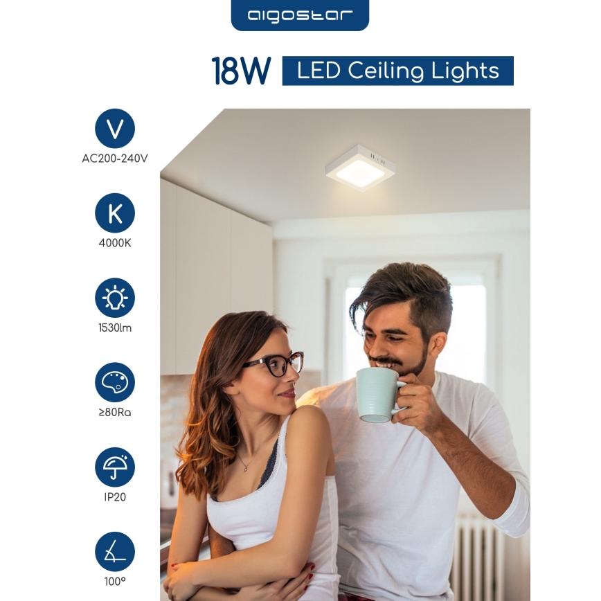 Aigostar - LED stropna nadometna svetilka LED/18W/230V 4000K 22,6x22,6 cm bela
