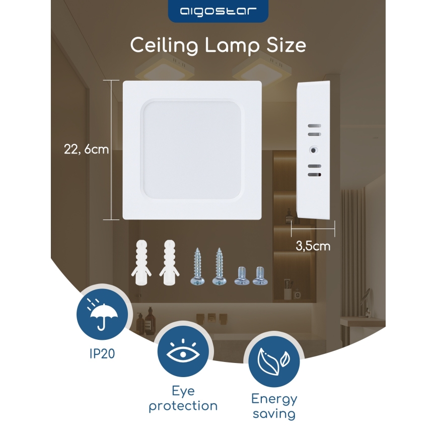 Aigostar - LED stropna nadometna svetilka LED/18W/230V 4000K 22,6x22,6 cm bela