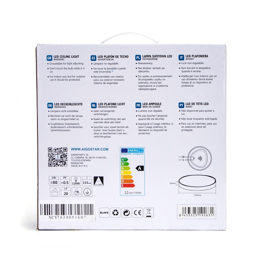 Aigostar - LED Stropna svetilka LED/12W/230V 3000K pr. 23 cm črna
