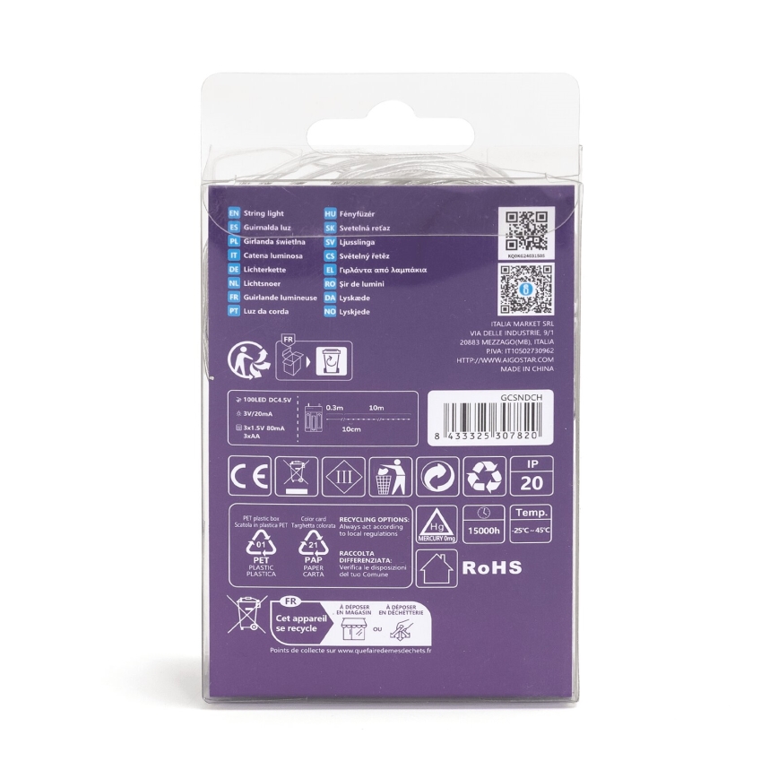 Aigostar - LED  veriga 100xLED/3xAA 10,3m topla bela