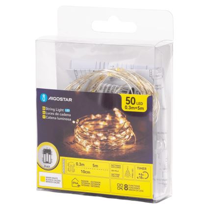 Aigostar - LED zunanji niz 50xLED/8 funkcij 3xAA 5,3 m topla bela