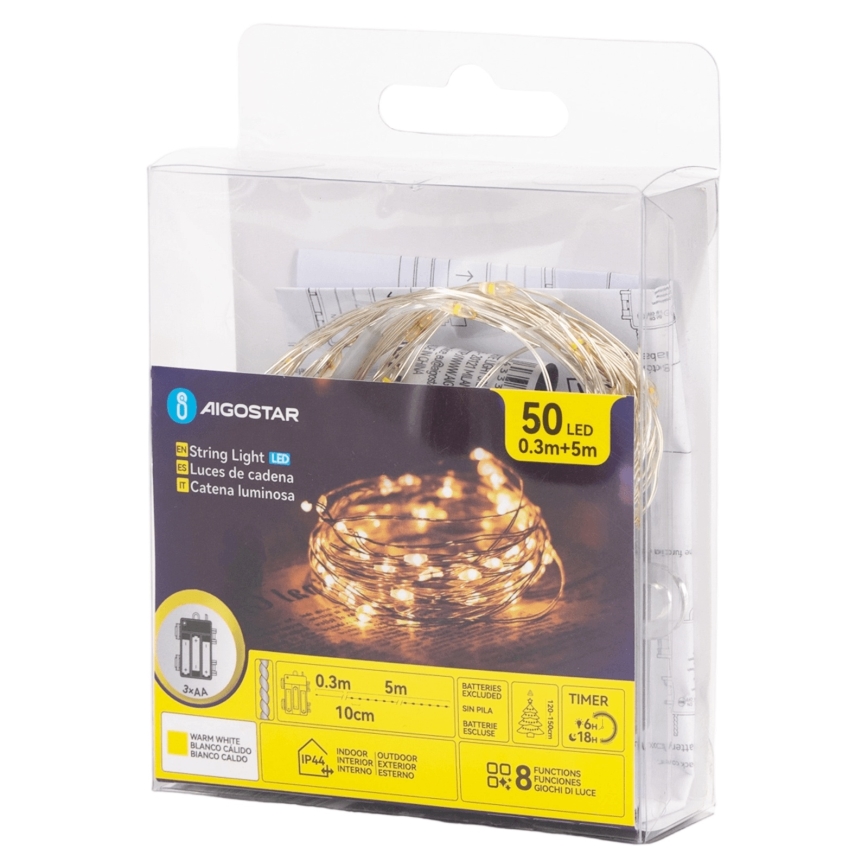 Aigostar - LED zunanji niz 50xLED/8 funkcij 3xAA 5,3 m topla bela
