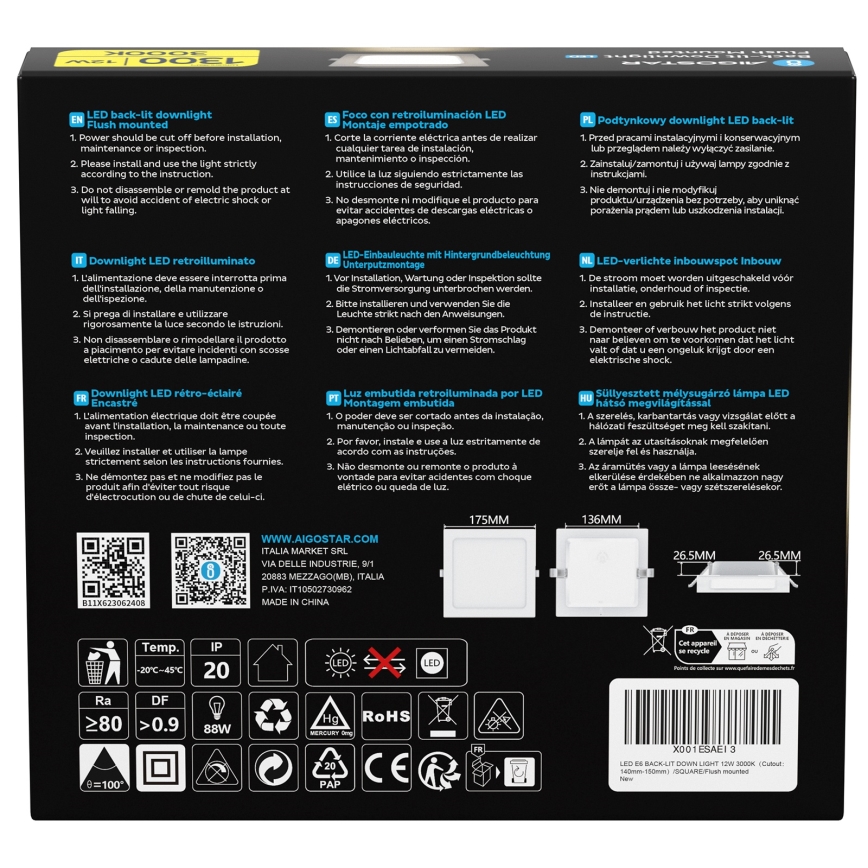 Aigostar - LED vgradna stropna svetilka LED/12W/230V 3000K 17,5x17,5 cm bela