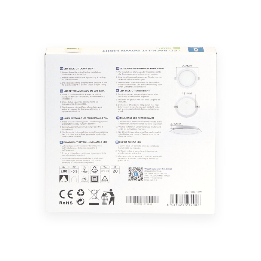 Aigostar - LED Vgradna svetilka LED/18W/230V 4000K pr. 22 cm bela