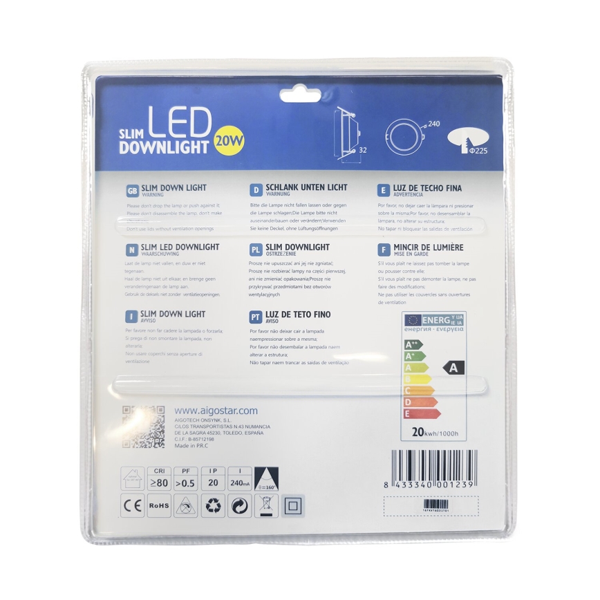 Aigostar - LED Vgradna svetilka ULTRATHIN LED/20W/230V 3000K mat krom