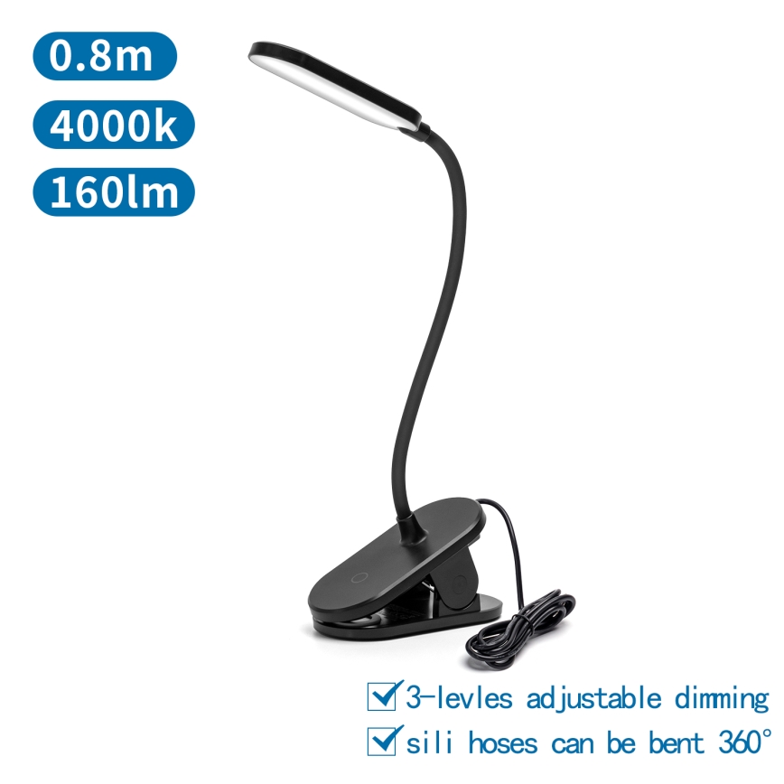 Aigostar - LED Zatemnitvena namizna svetilka s sponko LED/2,5W/5V črna