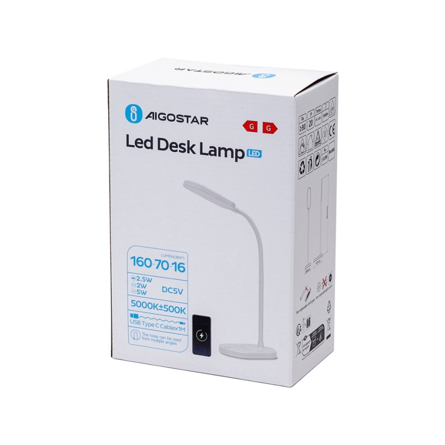 Aigostar - LED Zatemnitvena namizna svetilka z brezžičnim polnjenjem LED/2,5W/5V bela