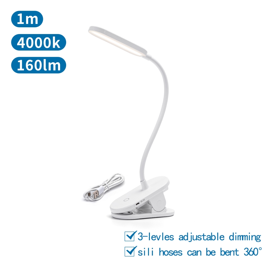 Aigostar - LED Zatemnitvena polnilna namizna svetilka s sponko LED/2,5W/5V 1200mAh bela