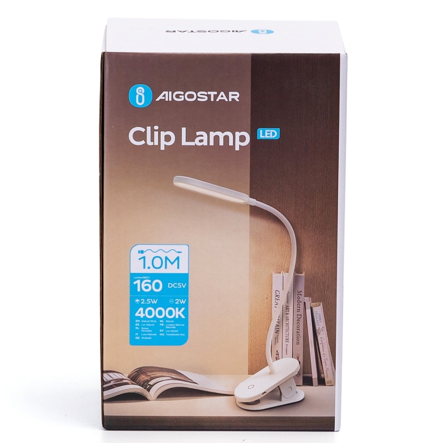 Aigostar - LED Zatemnitvena polnilna namizna svetilka s sponko LED/2,5W/5V 1200mAh bela