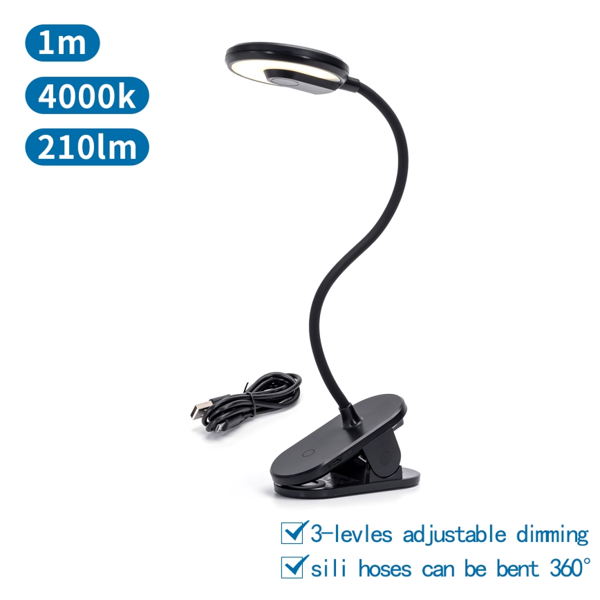 Aigostar - LED Zatemnitvena polnilna namizna svetilka s sponko LED/3W/5V 1800mAh črna