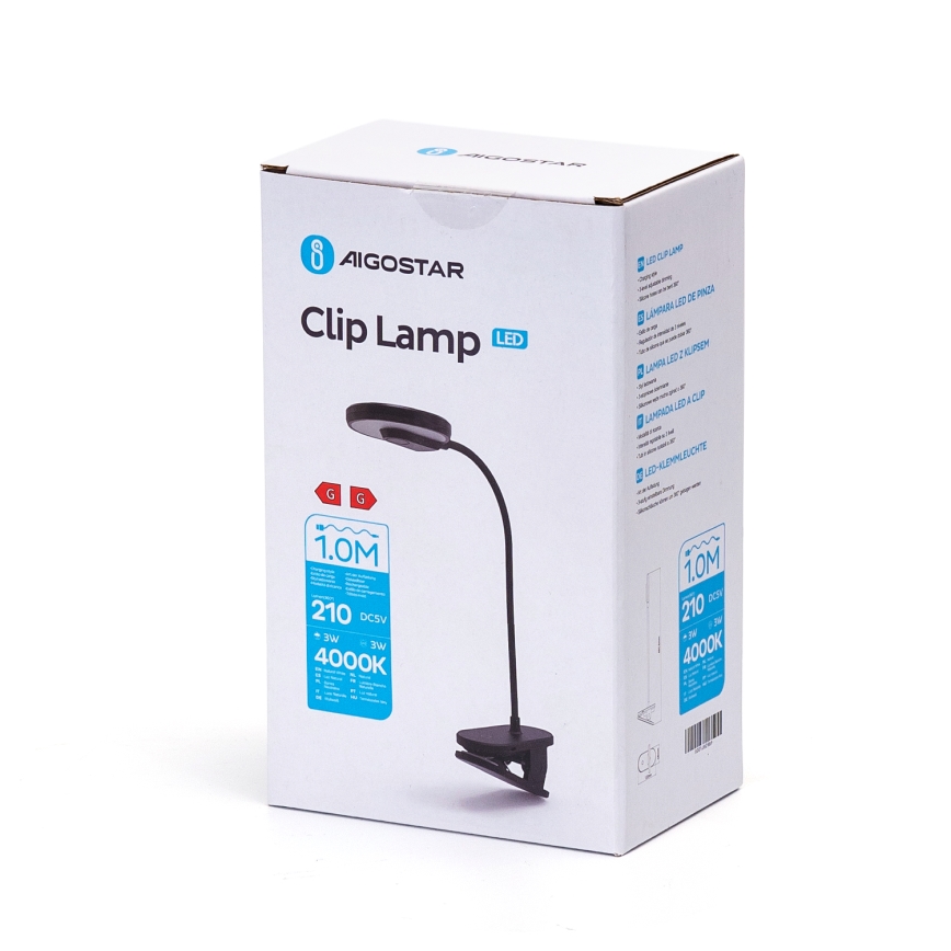 Aigostar - LED Zatemnitvena polnilna namizna svetilka s sponko LED/3W/5V 1800mAh črna