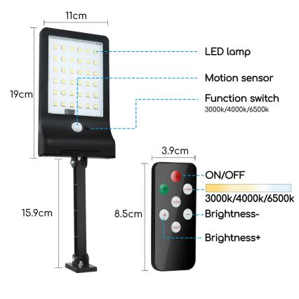 Aigostar - LED Zatemnitvena solarna svetilka s senzorjem LED/2,3W/5,5V IP65 + Daljinski upravljalnik