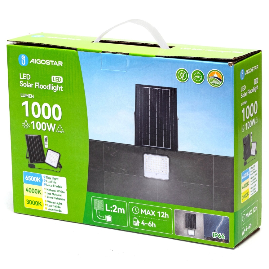 Aigostar - LED Zatemnitveni solarni reflektor LED/100W/3,4V 3000/4000/6500K IP66 + Daljinski upravljalnik
