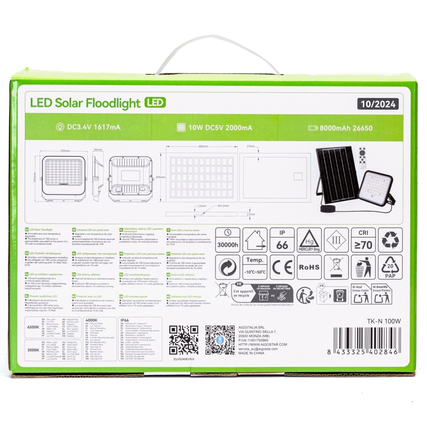 Aigostar - LED Zatemnitveni solarni reflektor LED/100W/3,4V 3000/4000/6500K IP66 + Daljinski upravljalnik