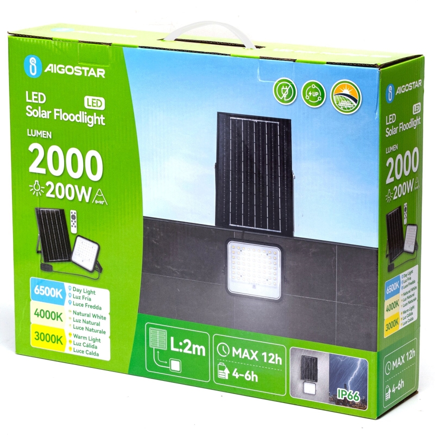 Aigostar - LED Zatemnitveni solarni reflektor LED/200W/3,4V 3000/4000/6500K IP66 + Daljinski upravljalnik