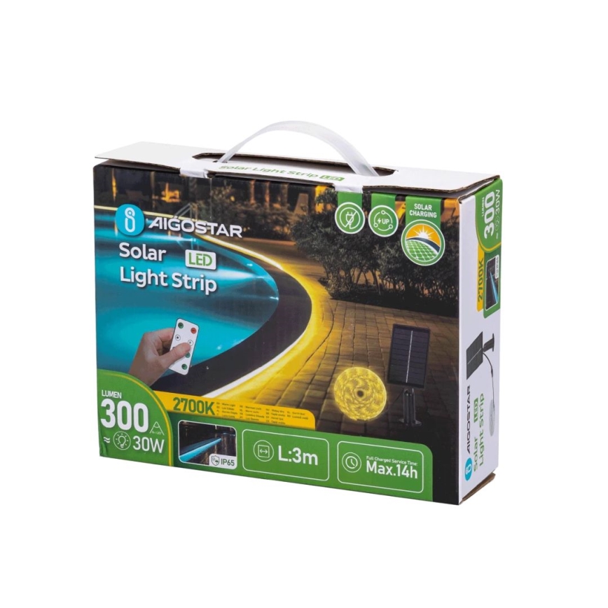 Aigostar - LED Zatemnitveni solarni trak LED/1,6W/3,2V 3 m 2700K IP65 1800 mAh + Daljinski upravljalnik