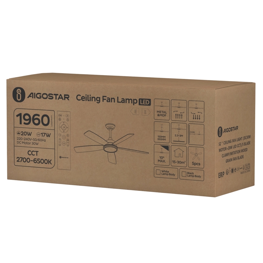 Aigostar - LED Zatemnitveni stropni ventilator LED/20W/230V 2700-6500K 132cm bela/bež + Daljinski upravljalnik