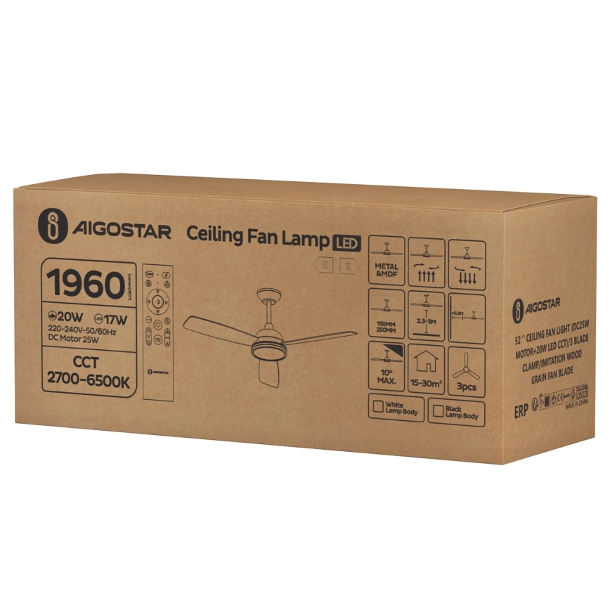 Aigostar - LED Zatemnitveni stropni ventilator LED/20W/230V 2700-6500K 132cm rjava + Daljinski upravljalnik